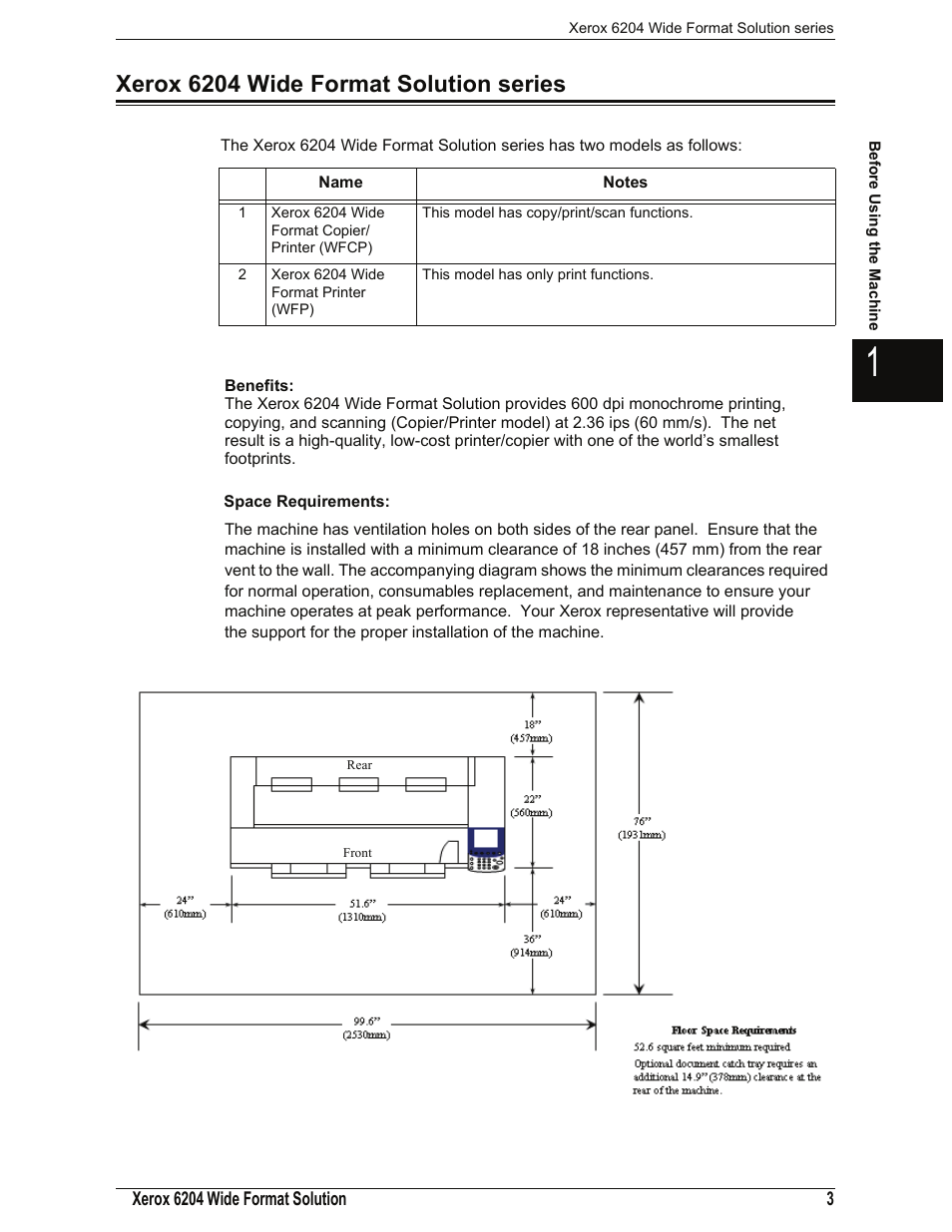 Xerox 6204 wide format solution series, Space requirements | Xerox 701P44973 User Manual | Page 11 / 206