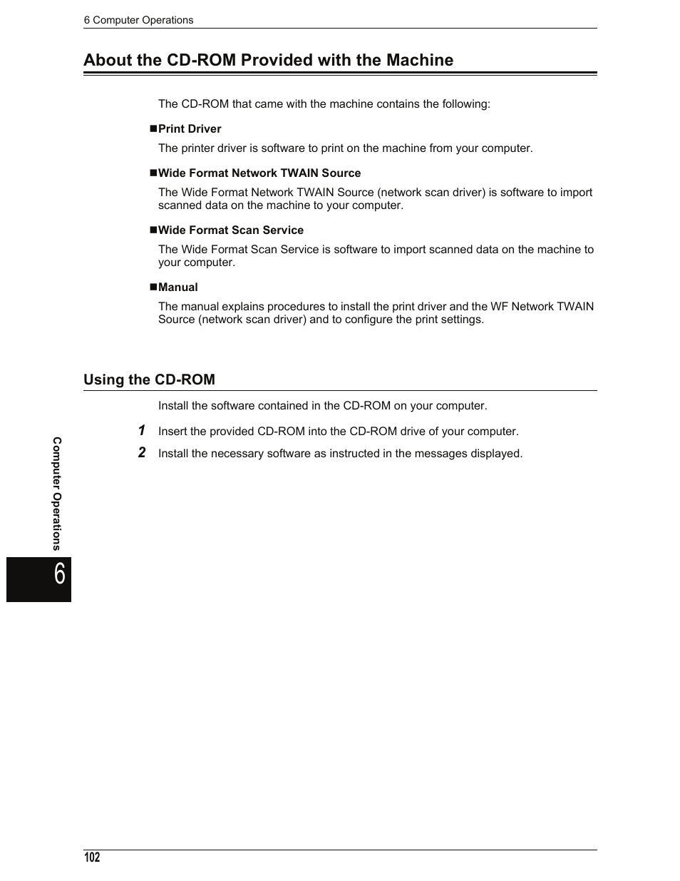 About the cd-rom provided with the machine, Print driver, Wide format network twain source | Wide format scan service, Manual, Using the cd-rom | Xerox 701P44973 User Manual | Page 110 / 206