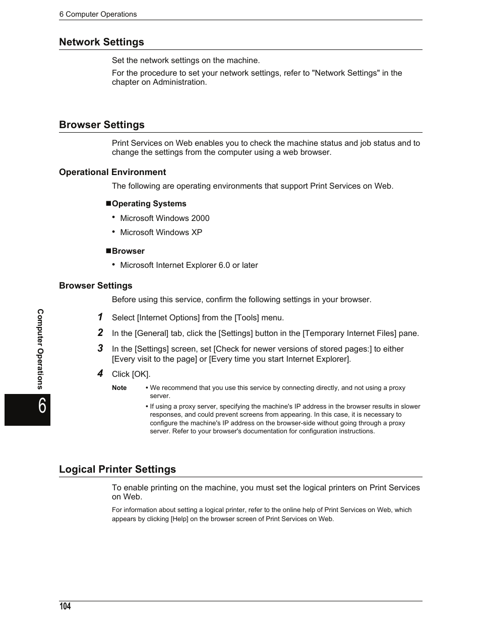 Network settings, Browser settings, Operational environment | Operating systems, Browser, Logical printer settings | Xerox 701P44973 User Manual | Page 112 / 206