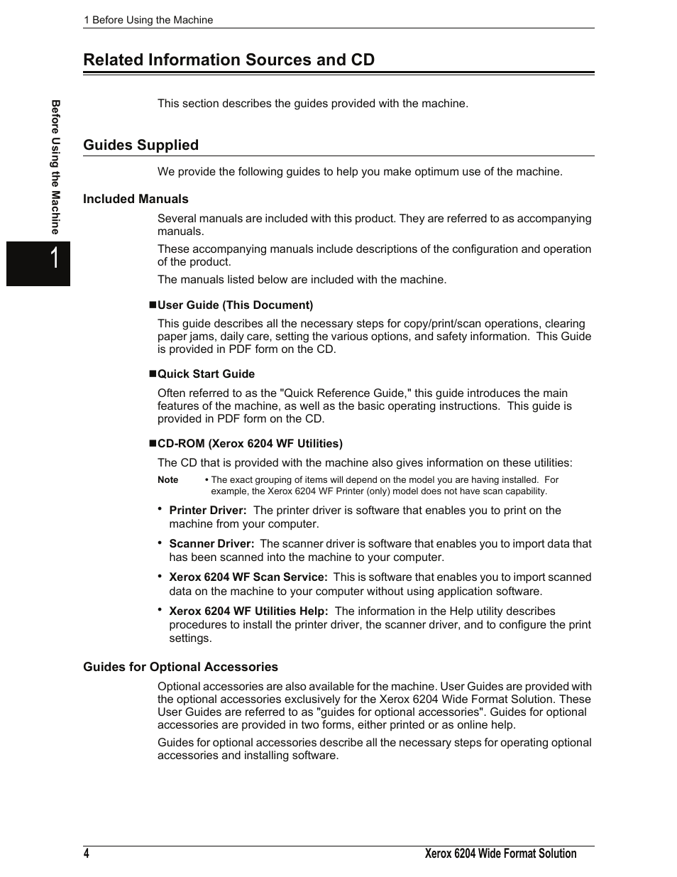 Related information sources and cd, Guides supplied, Included manuals | User guide (this document), Quick start guide, Cd-rom (xerox 6204 wf utilities), Guides for optional accessories | Xerox 701P44973 User Manual | Page 12 / 206
