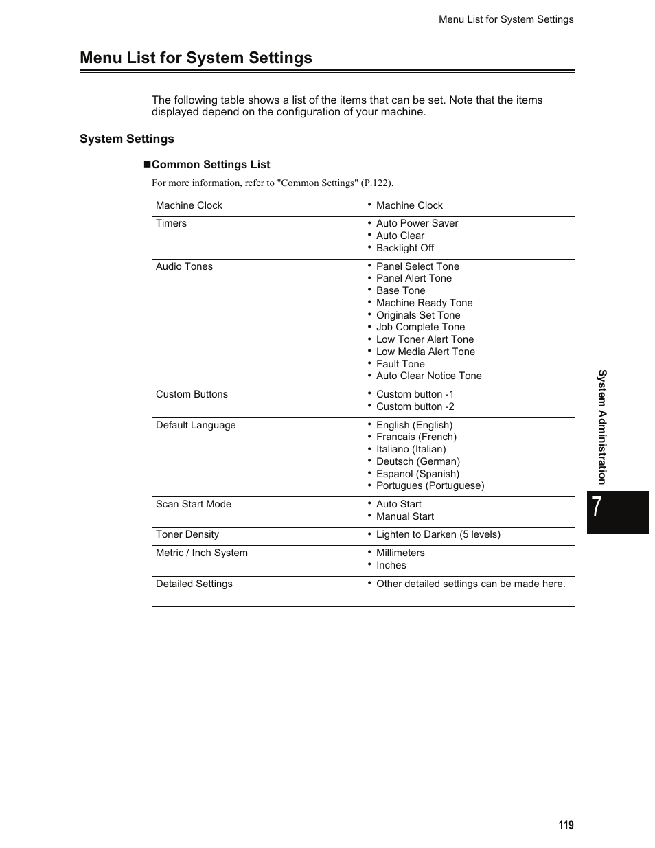 Menu list for system settings, System settings, Common settings list | Menu list for system settings" (p.119) | Xerox 701P44973 User Manual | Page 127 / 206