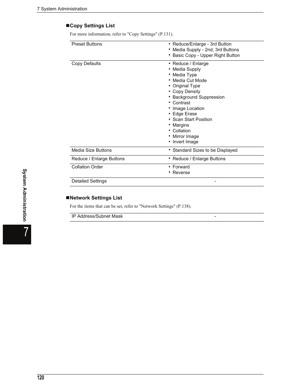 Copy settings list, Network settings list | Xerox 701P44973 User Manual | Page 128 / 206