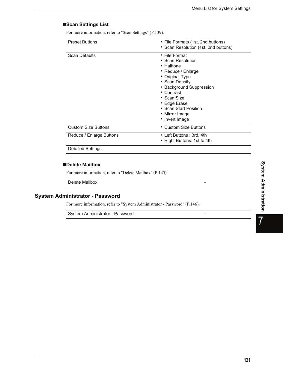 Scan settings list, Delete mailbox, System administrator - password | Xerox 701P44973 User Manual | Page 129 / 206
