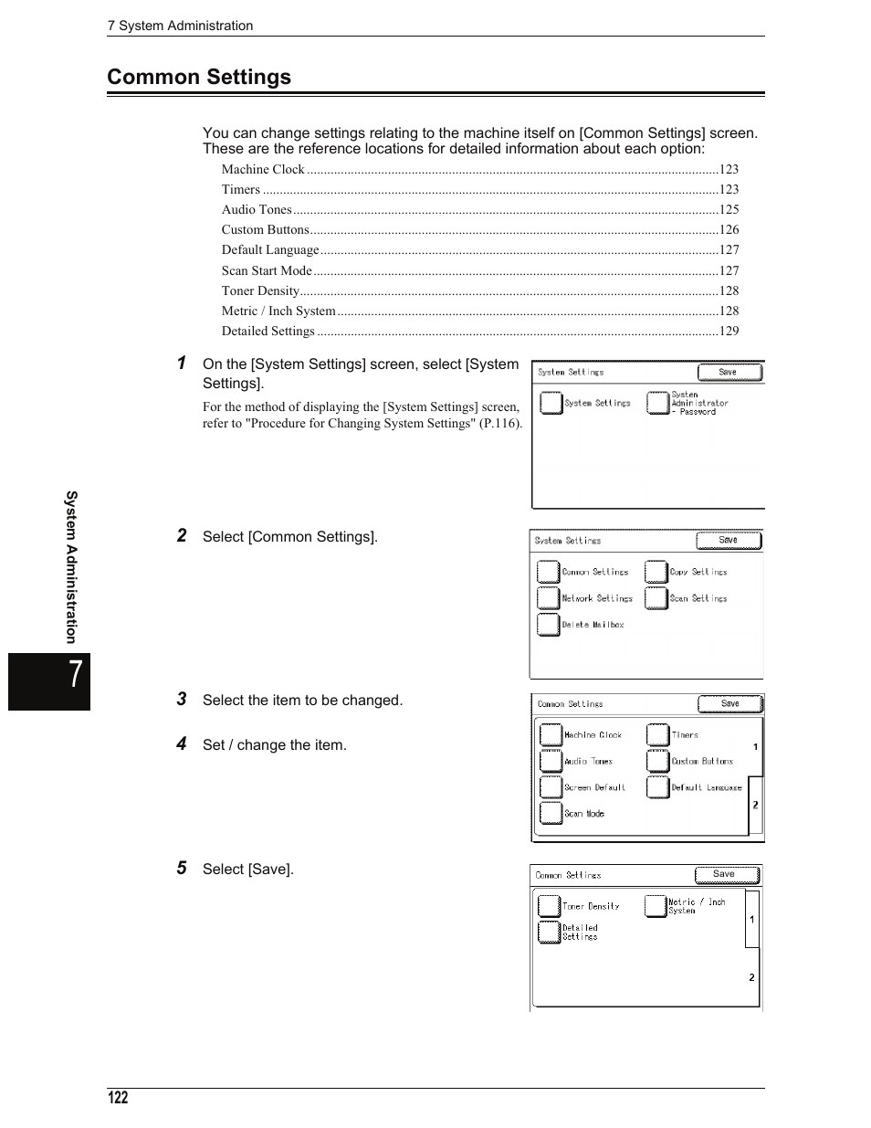 Common settings, R to "common settings" (p.122) | Xerox 701P44973 User Manual | Page 130 / 206