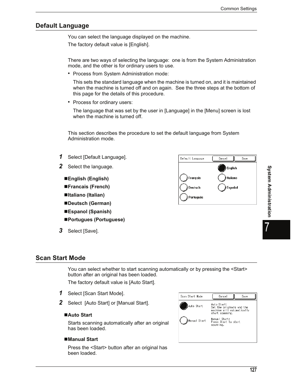 Default language, English (english), Francais (french) | Italiano (italian), Deutsch (german), Espanol (spanish), Portugues (portuguese), Scan start mode, Auto start, Manual start | Xerox 701P44973 User Manual | Page 135 / 206