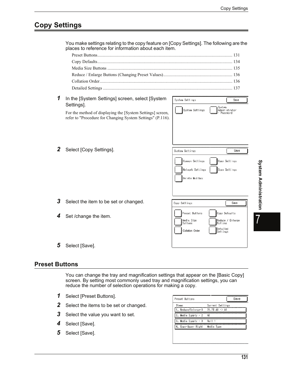 Copy settings, Preset buttons, R to "copy settings" (p.131) | Copy settings" (p.131) | Xerox 701P44973 User Manual | Page 139 / 206