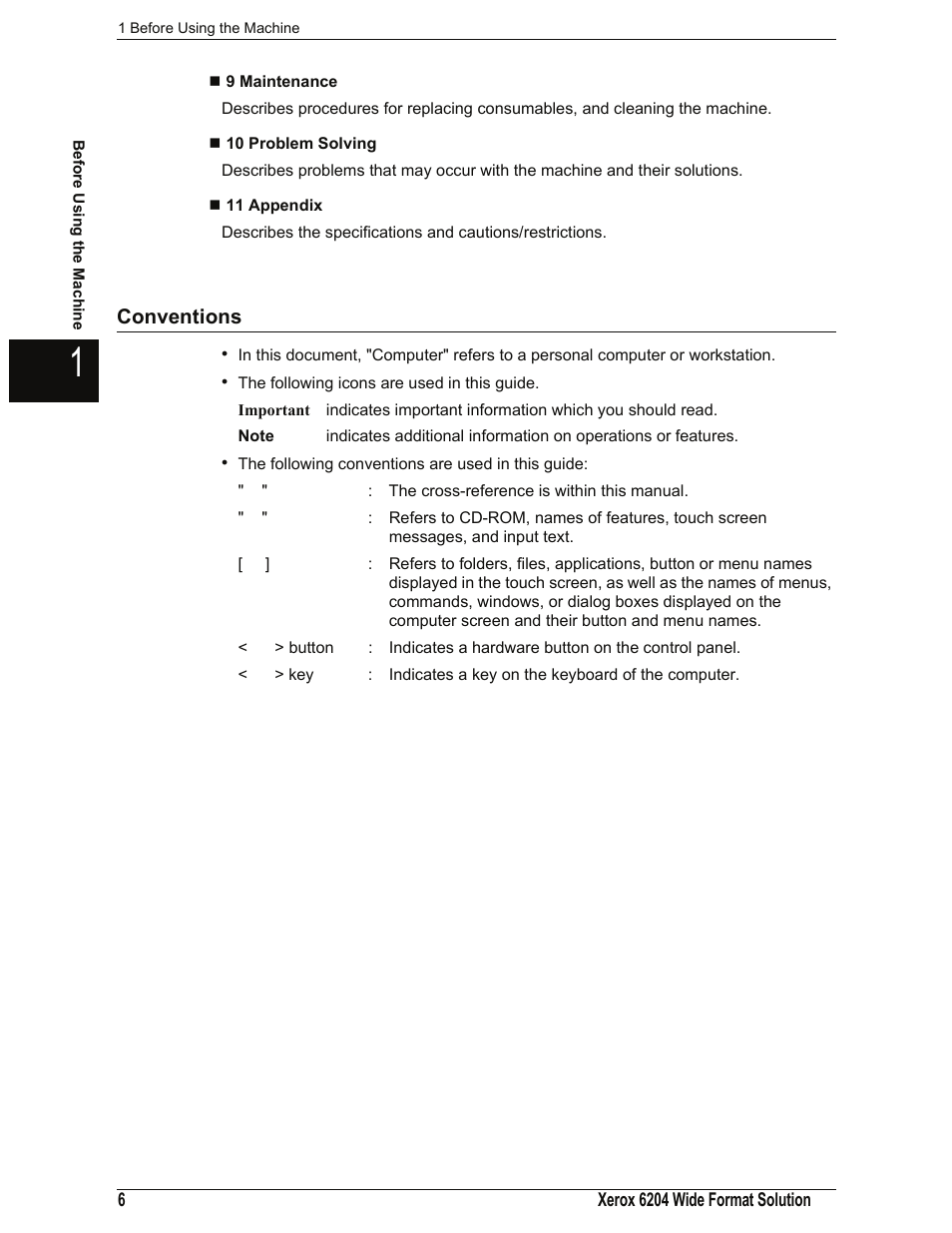 9 maintenance, 10 problem solving, 11 appendix | Conventions | Xerox 701P44973 User Manual | Page 14 / 206