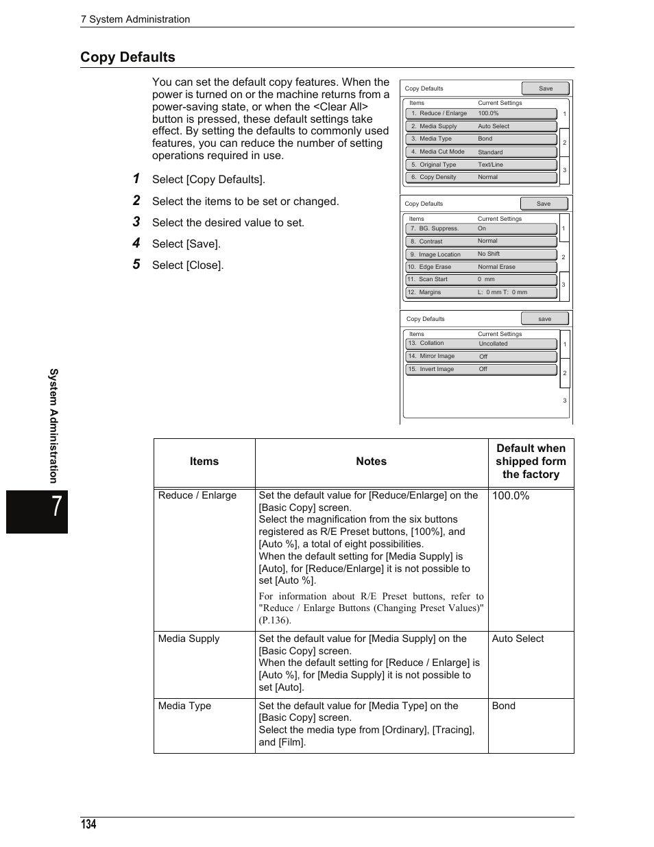 Copy defaults, Reduce / enlarge, Media supply | Media type, Select [copy defaults, Select the items to be set or changed, Select the desired value to set, Select [save | Xerox 701P44973 User Manual | Page 142 / 206