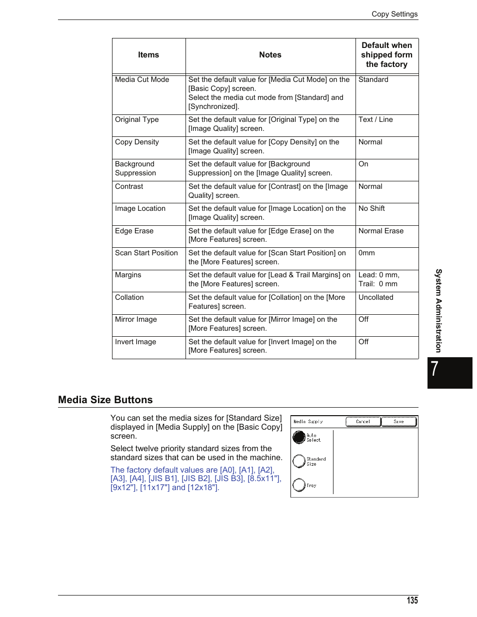 Media size buttons, Media cut mode, Original type | Copy density, Background suppression, Contrast, Image location, Edge erase, Scan start position, Margins | Xerox 701P44973 User Manual | Page 143 / 206