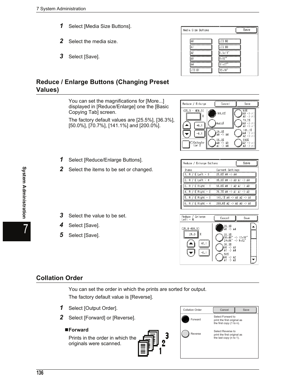 Reduce / enlarge buttons (changing preset values), Collation order, Forward | Xerox 701P44973 User Manual | Page 144 / 206