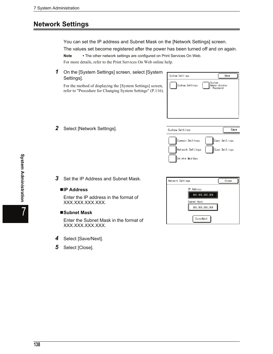 Network settings, Ip address, Subnet mask | Network settings" (p.138) | Xerox 701P44973 User Manual | Page 146 / 206