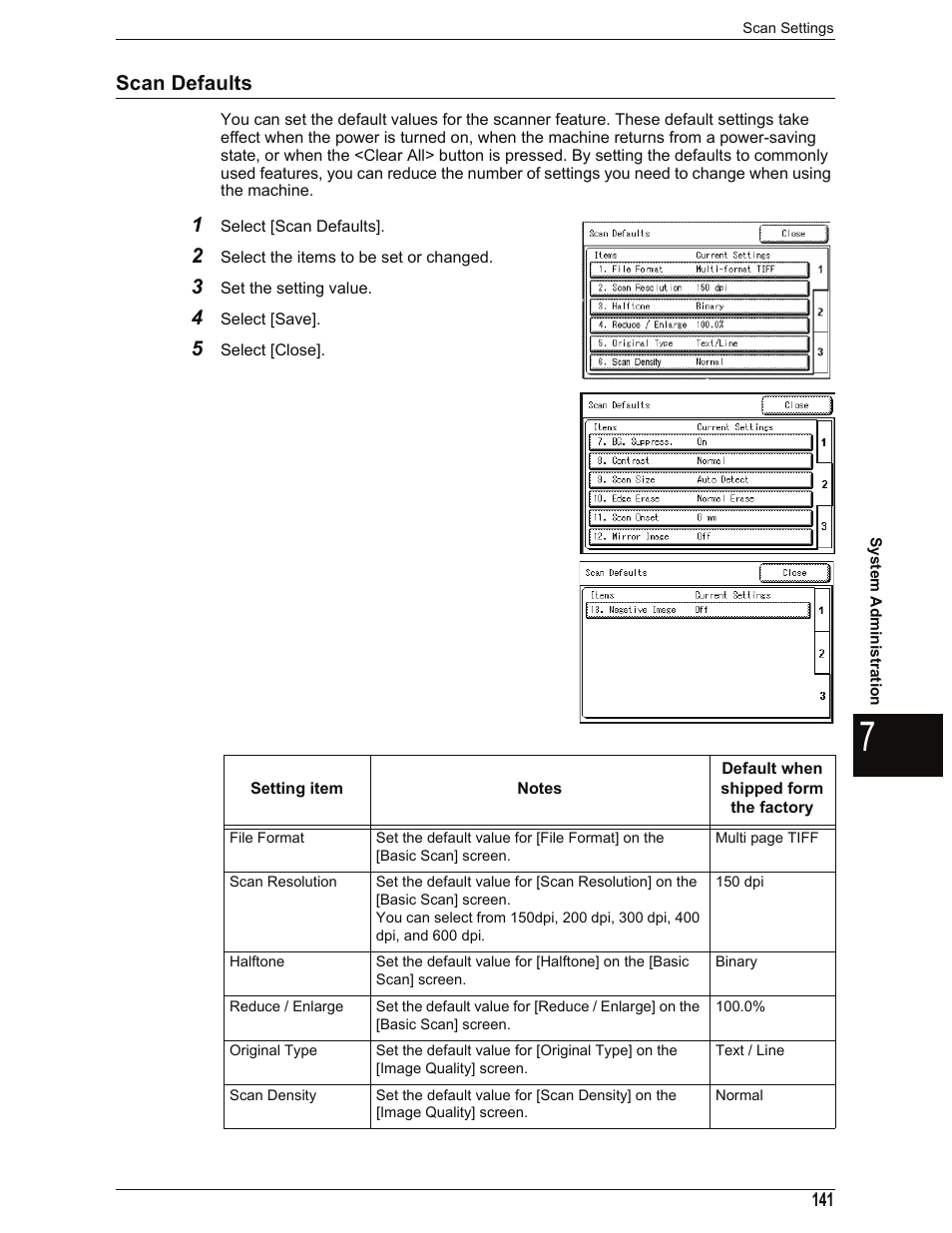 Scan defaults, File format, Scan resolution | Halftone, Reduce / enlarge, Original type, Scan density | Xerox 701P44973 User Manual | Page 149 / 206