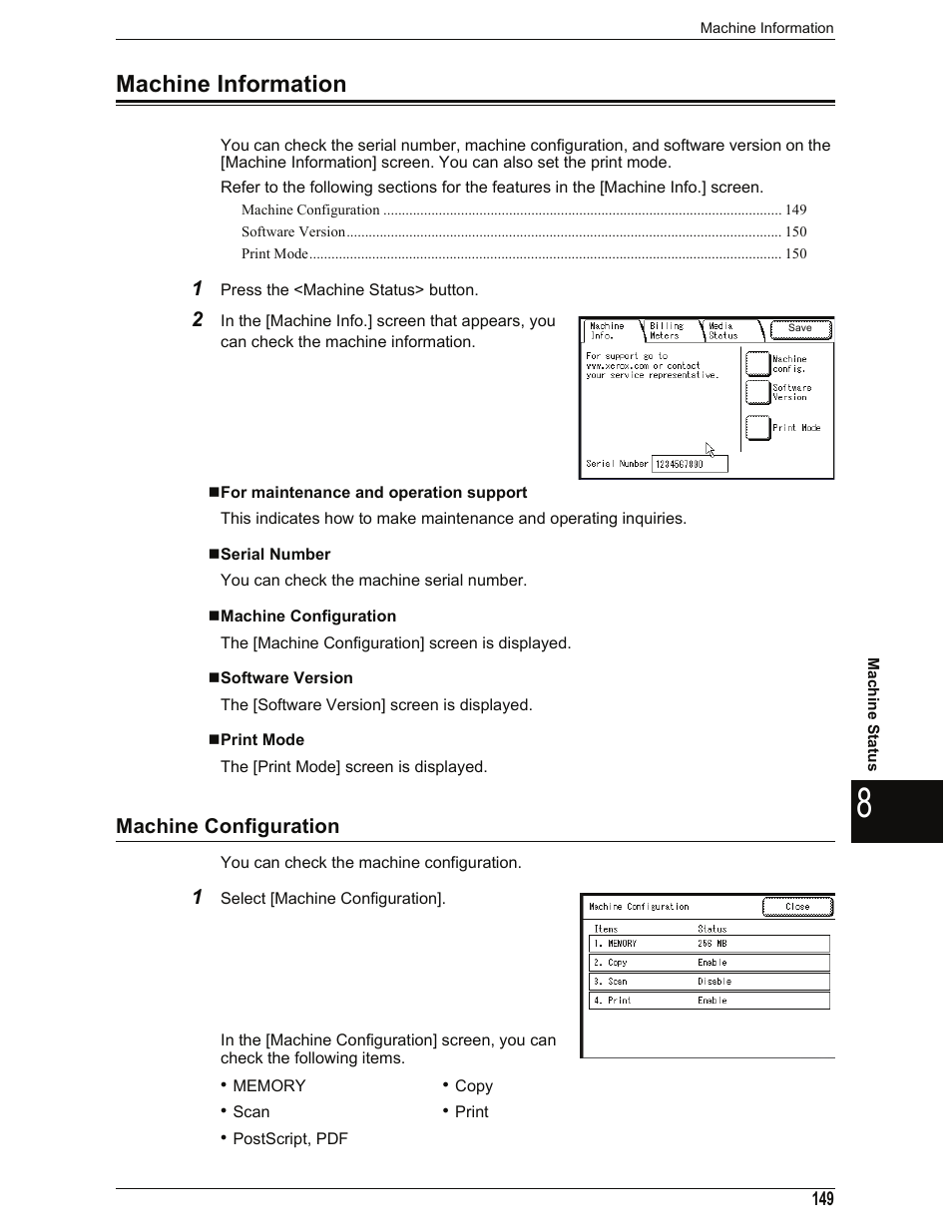 Machine information, For maintenance and operation support, Serial number | Machine configuration, Software version, Print mode | Xerox 701P44973 User Manual | Page 157 / 206