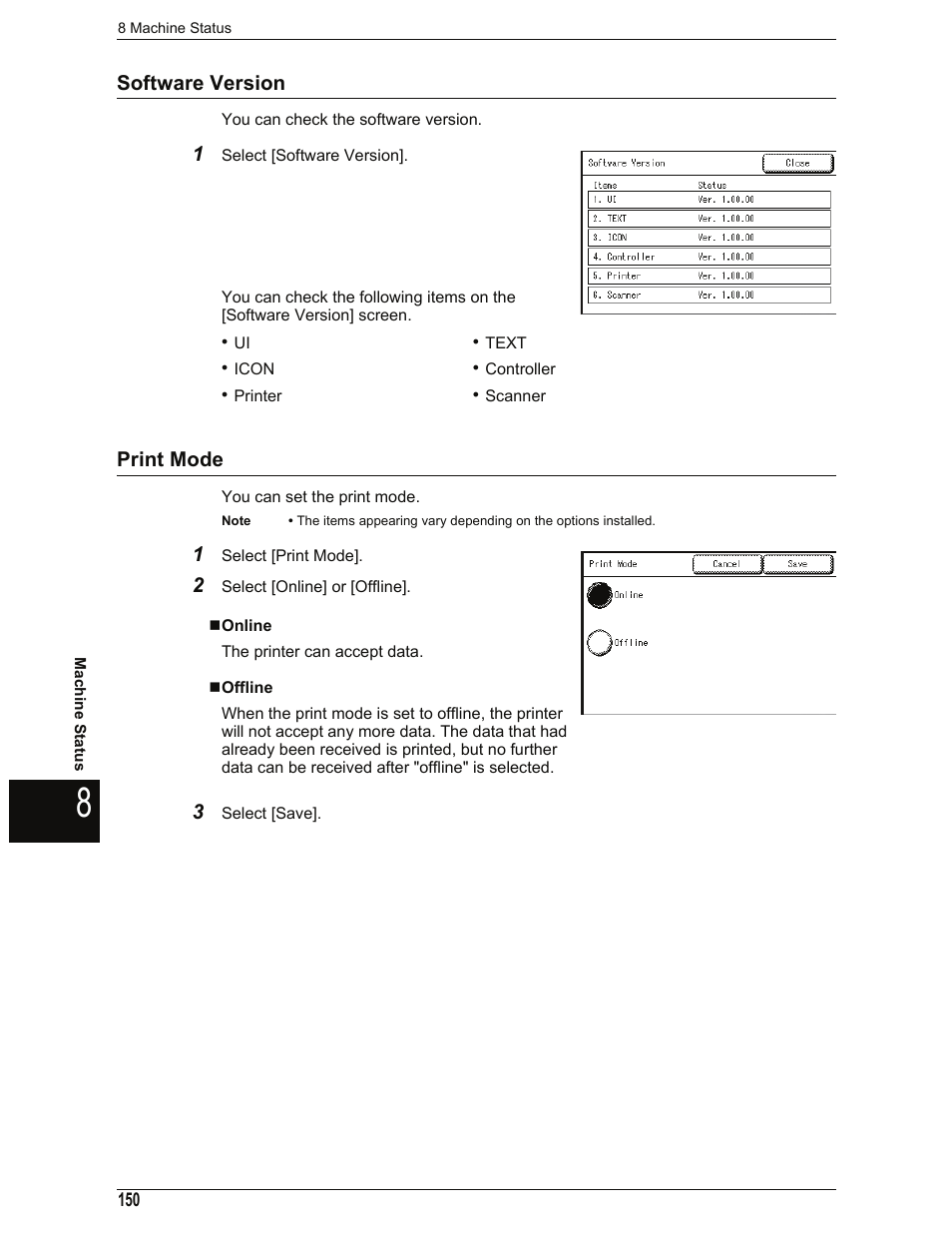 Software version, Print mode, Online | Offline, Software version print mode | Xerox 701P44973 User Manual | Page 158 / 206