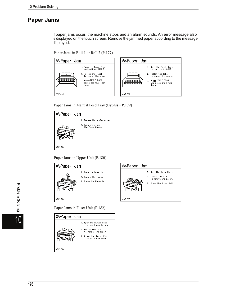 Paper jams, Paper jams" (p.176) | Xerox 701P44973 User Manual | Page 184 / 206