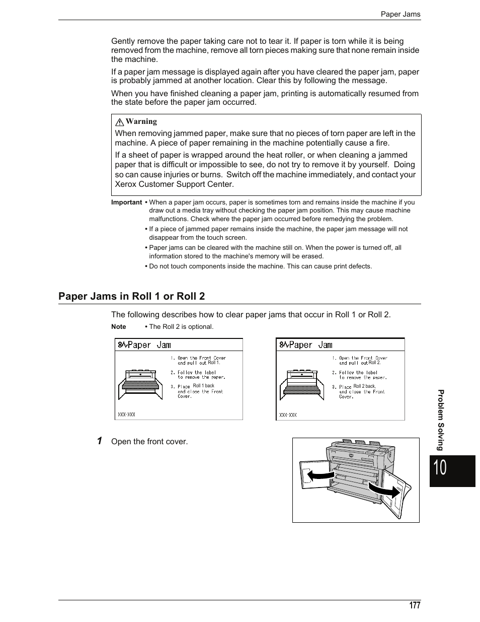 Paper jams in roll 1 or roll 2, Paper jams in roll 1 or roll 2 (p.177) | Xerox 701P44973 User Manual | Page 185 / 206