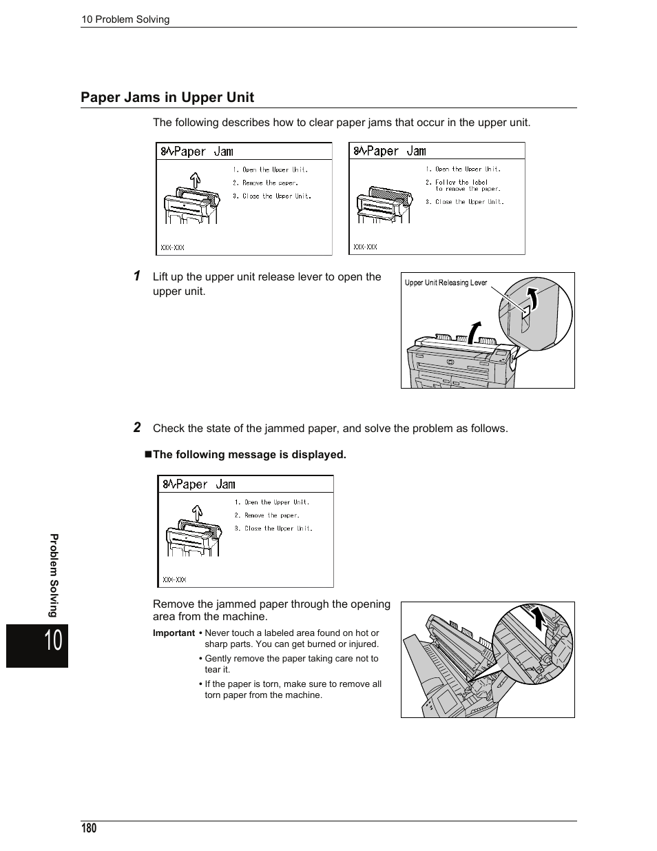 Paper jams in upper unit, The following message is displayed, Paper jams in upper unit (p.180) | Xerox 701P44973 User Manual | Page 188 / 206