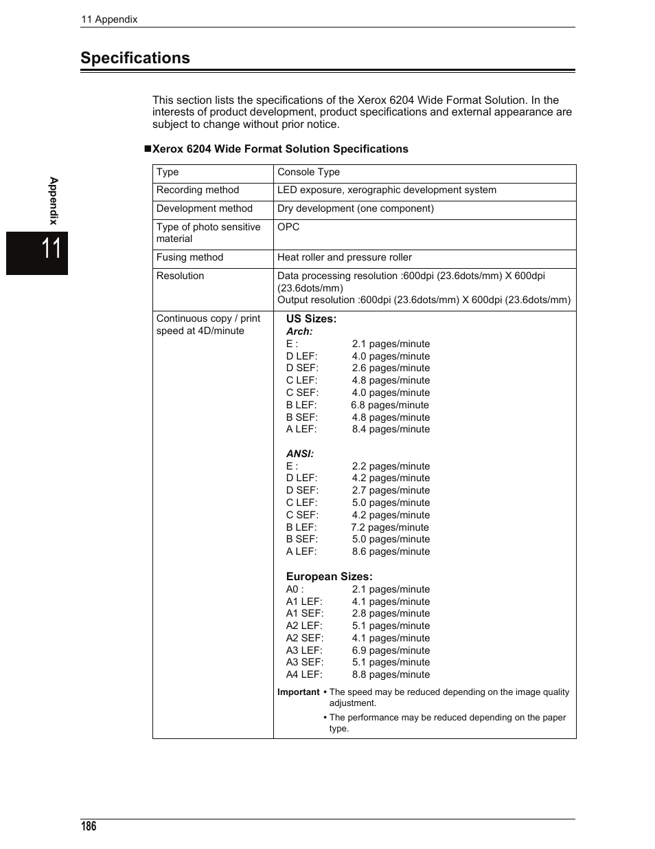 Specifications, Xerox 6204 wide format solution specifications, Specifications" (p.186) | Xerox 701P44973 User Manual | Page 194 / 206