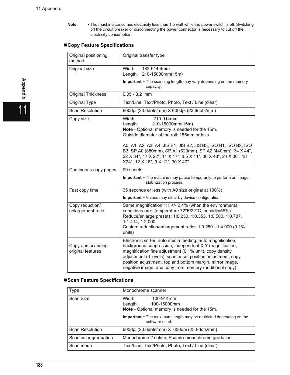 Copy feature specifications, Scan feature specifications | Xerox 701P44973 User Manual | Page 196 / 206