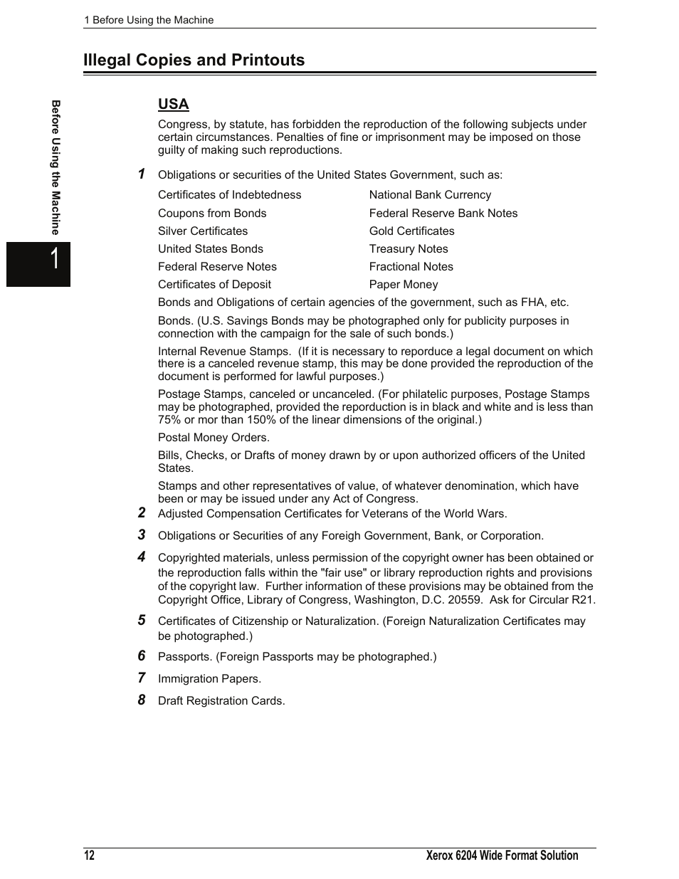 Illegal copies and printouts | Xerox 701P44973 User Manual | Page 20 / 206