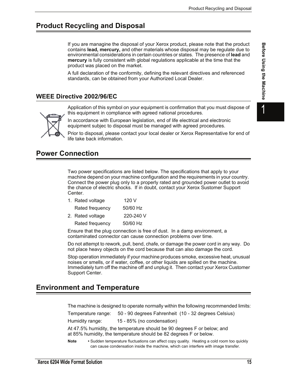 Product recycling and disposal, Weee directive 2002/96/ec, Power connection | Environment and temperature, Power connection environment and temperature | Xerox 701P44973 User Manual | Page 23 / 206