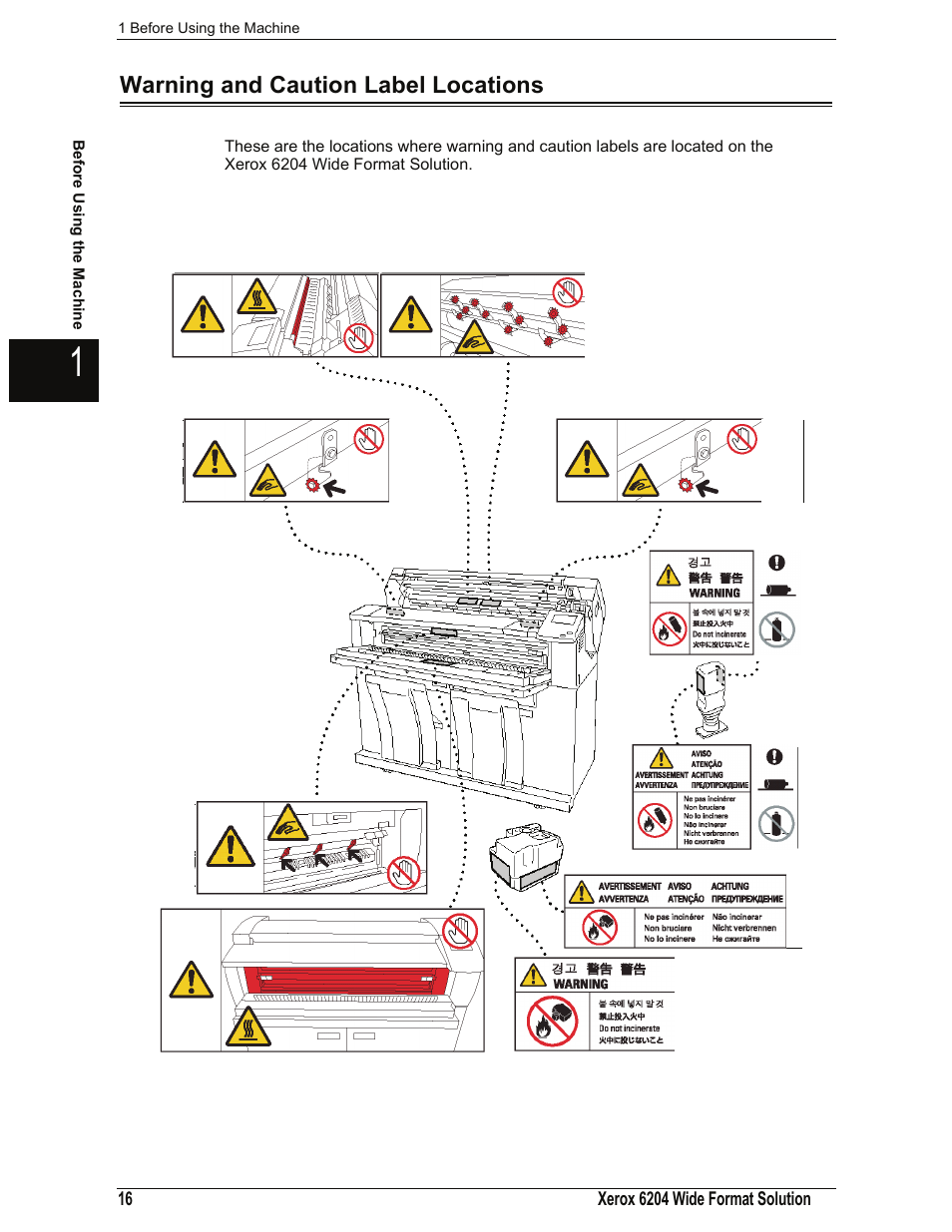 Warning and caution label locations | Xerox 701P44973 User Manual | Page 24 / 206