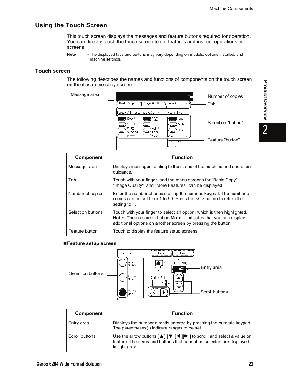 Using the touch screen, Touch screen, Feature setup screen | Xerox 701P44973 User Manual | Page 31 / 206