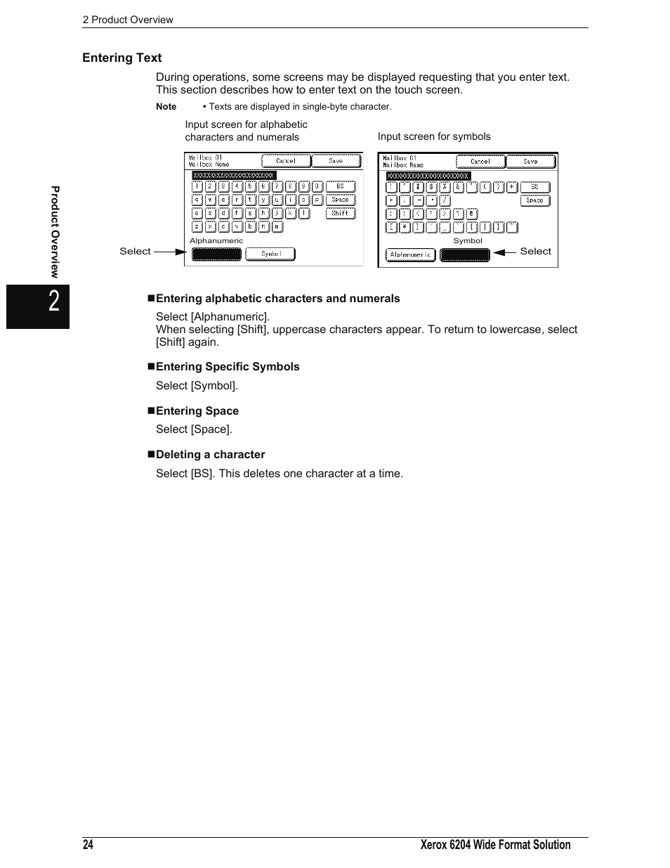 Entering text, Entering alphabetic characters and numerals, Entering specific symbols | Entering space, Deleting a character | Xerox 701P44973 User Manual | Page 32 / 206