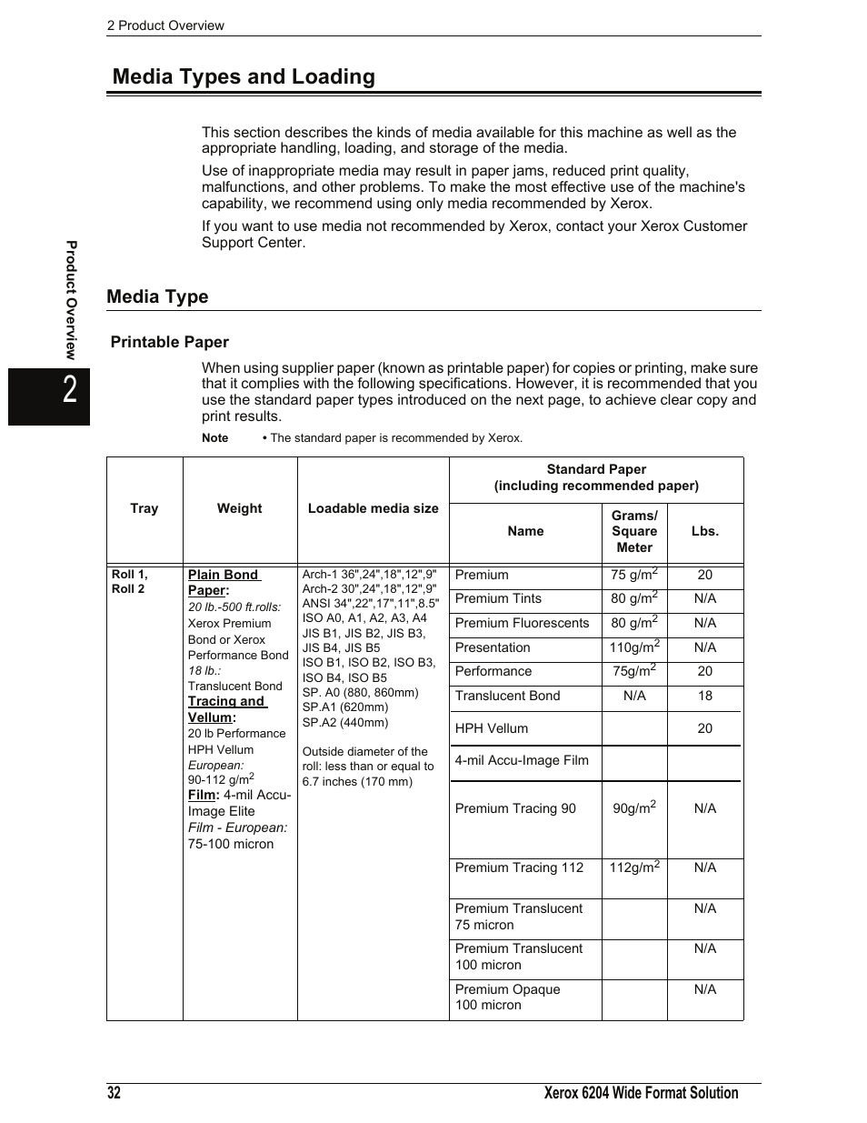 Media types and loading, Media type, Printable paper | Xerox 701P44973 User Manual | Page 40 / 206