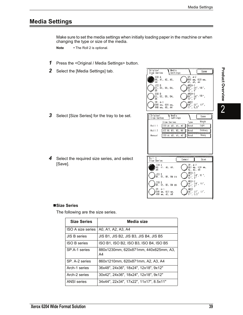 Media settings, Size series | Xerox 701P44973 User Manual | Page 47 / 206