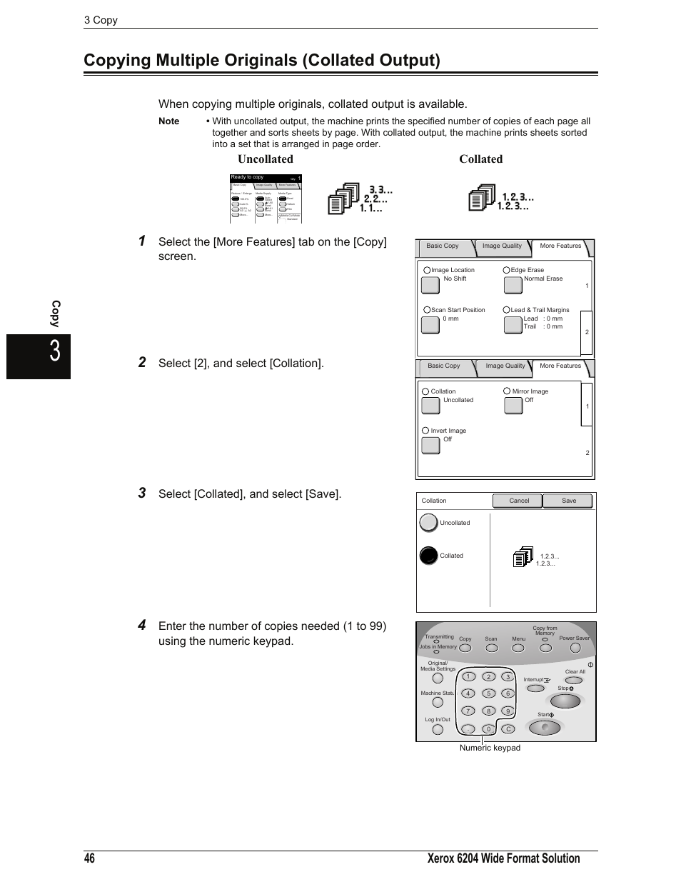 Copying multiple originals (collated output), Uncollated collated, Select [2], and select [collation | Select [collated], and select [save, Co py, 3 copy | Xerox 701P44973 User Manual | Page 54 / 206