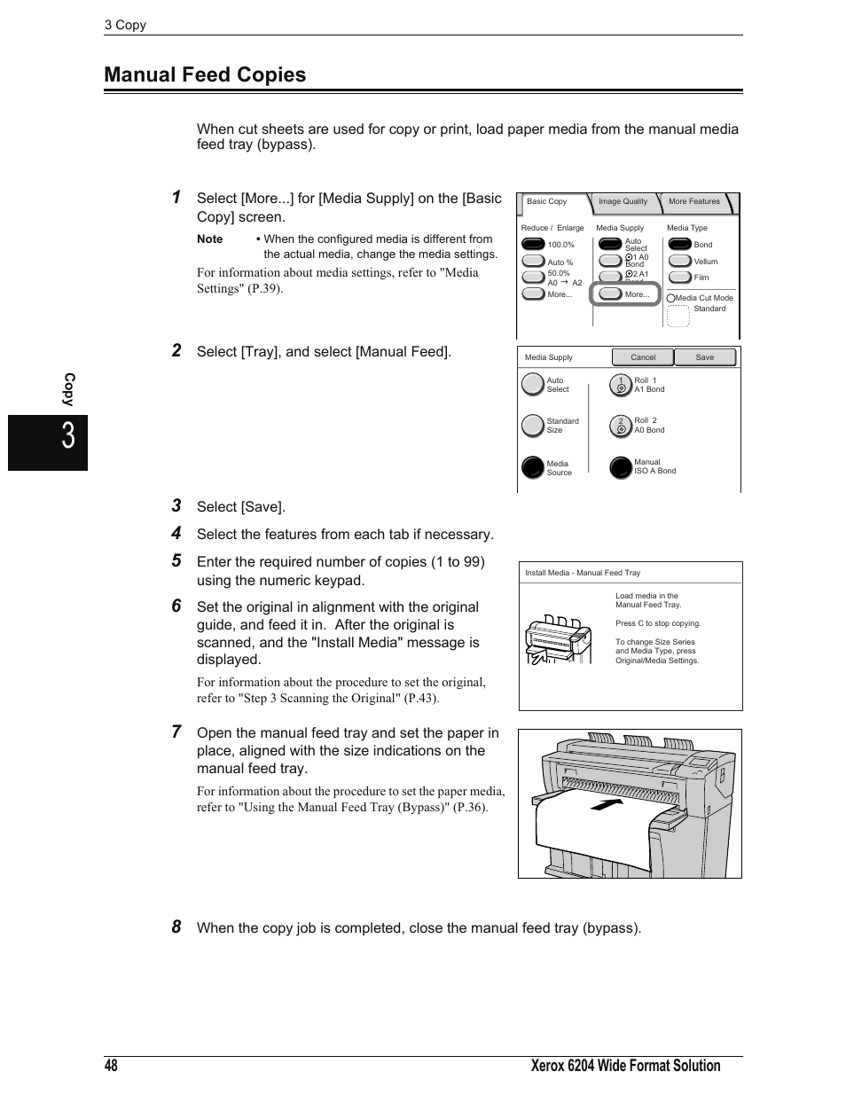 Manual feed copies, Select [tray], and select [manual feed, Select [save | Select the features from each tab if necessary | Xerox 701P44973 User Manual | Page 56 / 206