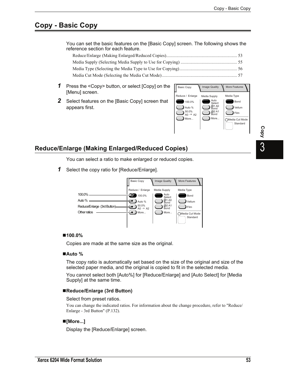 Copy - basic copy, Reduce/enlarge (making enlarged/reduced copies), Auto | Reduce/enlarge (3rd button), More, Copy - basic copy" (p.53), More...] display the [reduce/enlarge] screen | Xerox 701P44973 User Manual | Page 61 / 206