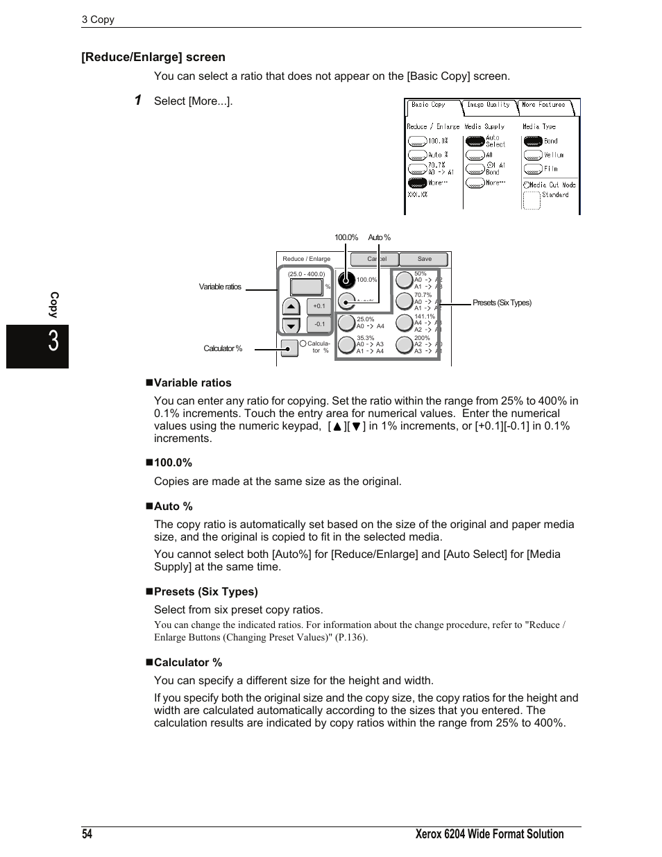 Reduce/enlarge] screen, Variable ratios, Auto | Presets (six types), Calculator | Xerox 701P44973 User Manual | Page 62 / 206