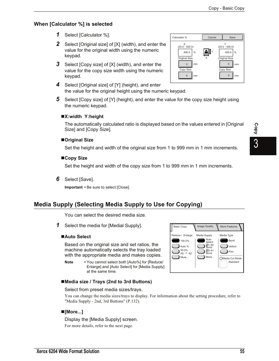 When [calculator %] is selected, X:width y:height, Original size | Copy size, Auto select, Media size / trays (2nd to 3rd buttons), More, Select [calculator, Select [save, You can select the desired media size | Xerox 701P44973 User Manual | Page 63 / 206