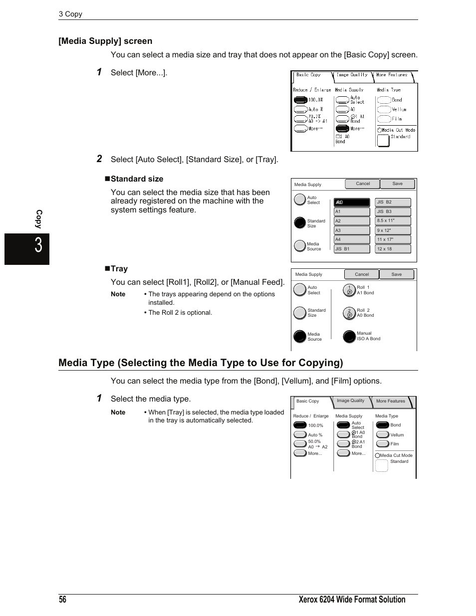 Media supply] screen, Standard size, Tray | Select [more, Select the media type, Co py | Xerox 701P44973 User Manual | Page 64 / 206