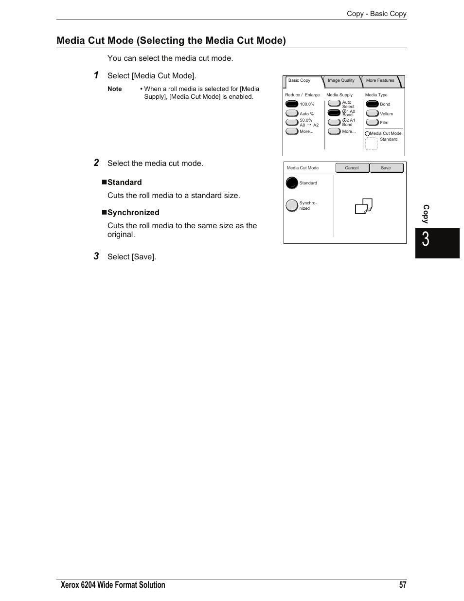 Media cut mode (selecting the media cut mode), Standard, Synchronized | You can select the media cut mode, Select [media cut mode, Select [save | Xerox 701P44973 User Manual | Page 65 / 206