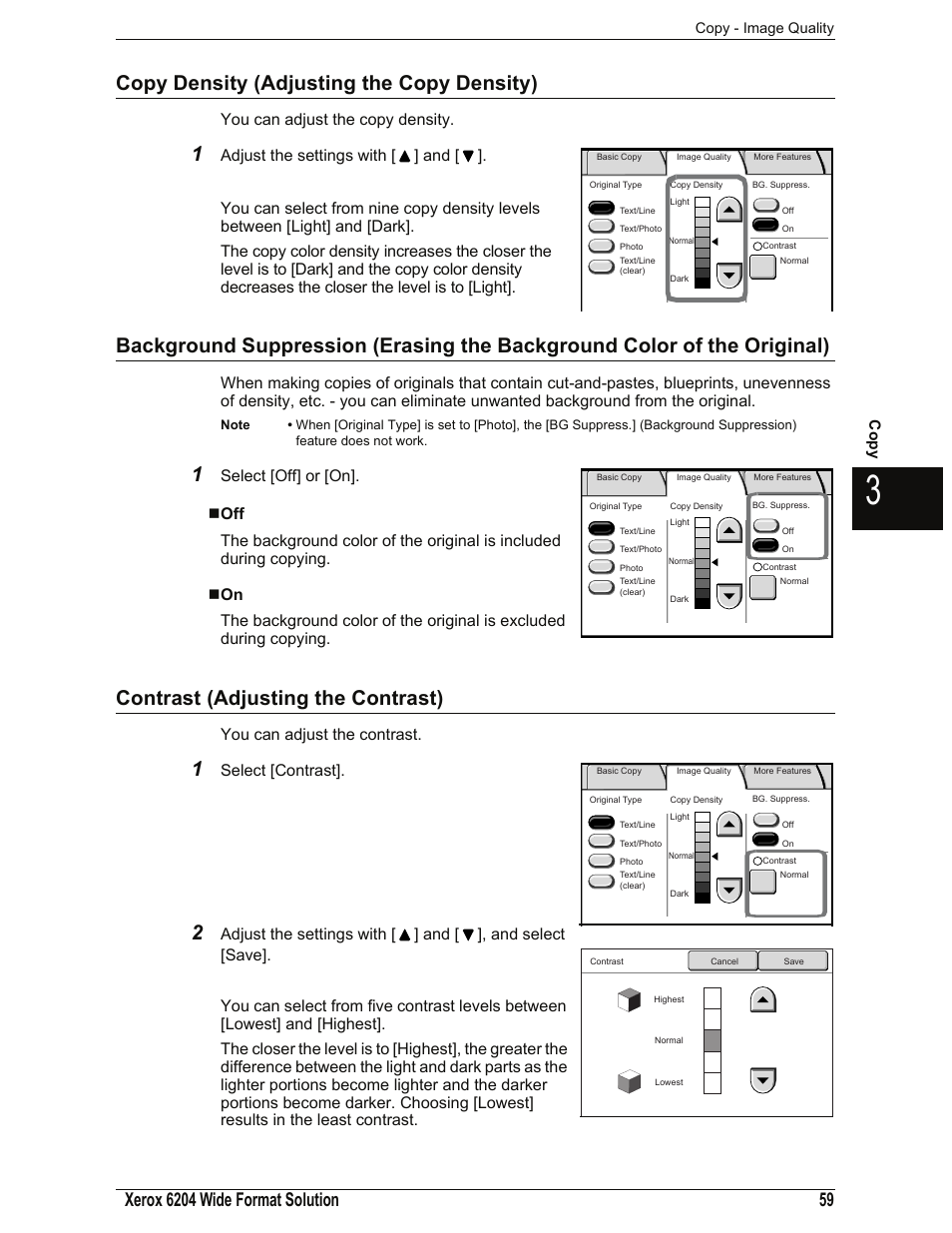 Copy density (adjusting the copy density), Contrast (adjusting the contrast), You can adjust the copy density | You can adjust the contrast, Select [contrast | Xerox 701P44973 User Manual | Page 67 / 206