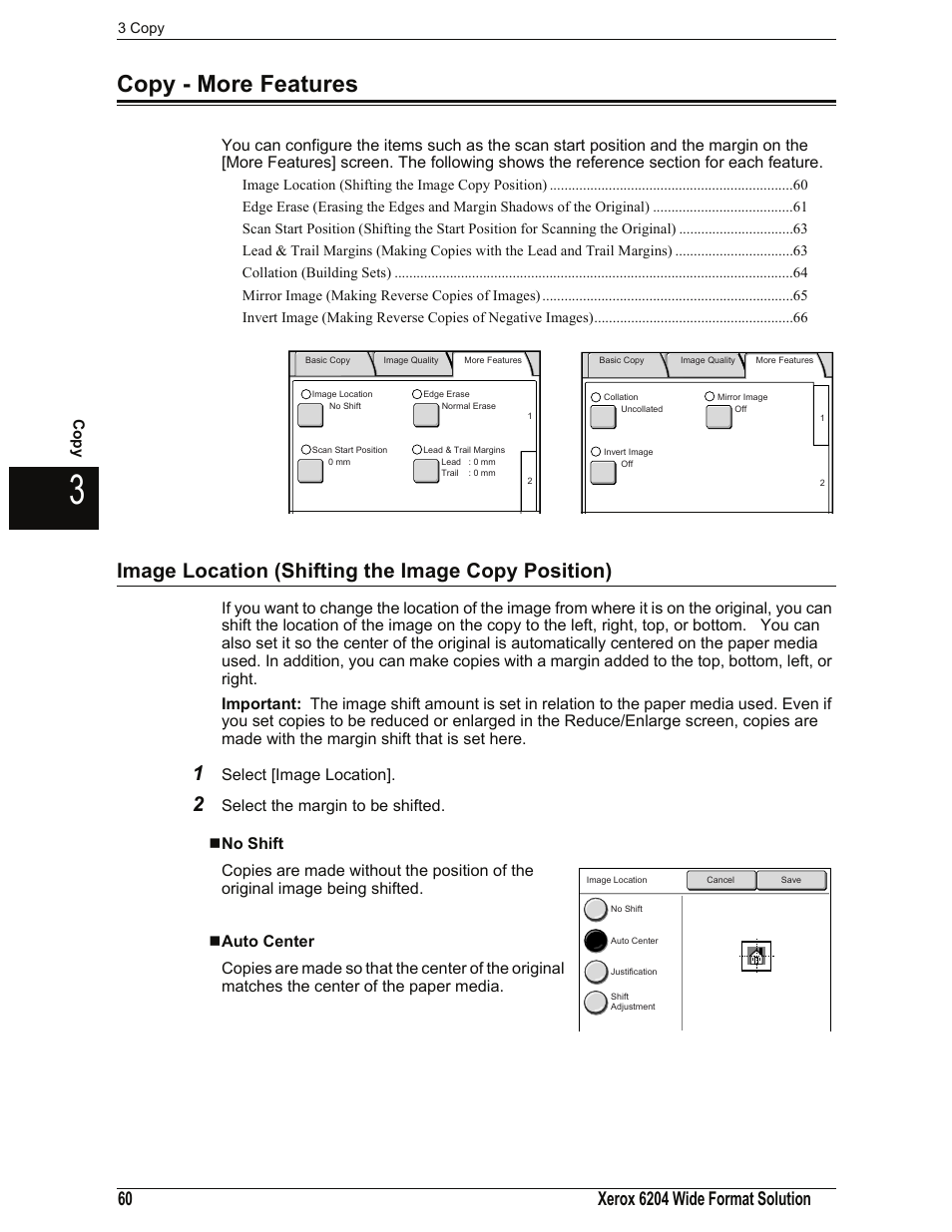 Copy - more features, Image location (shifting the image copy position), No shift | Auto center, Copy - more features" (p.60), Select [image location | Xerox 701P44973 User Manual | Page 68 / 206