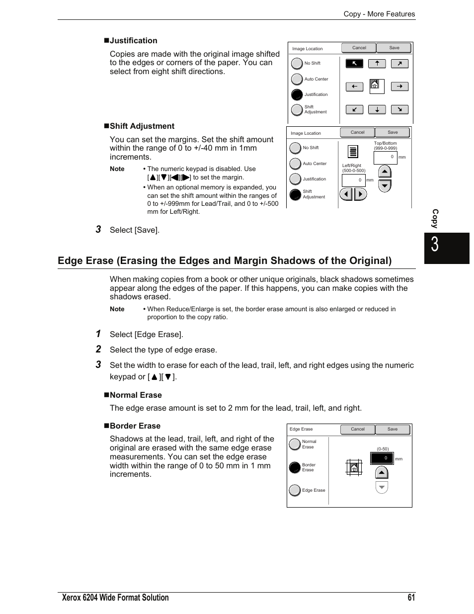 Justification, Shift adjustment, Normal erase | Border erase | Xerox 701P44973 User Manual | Page 69 / 206