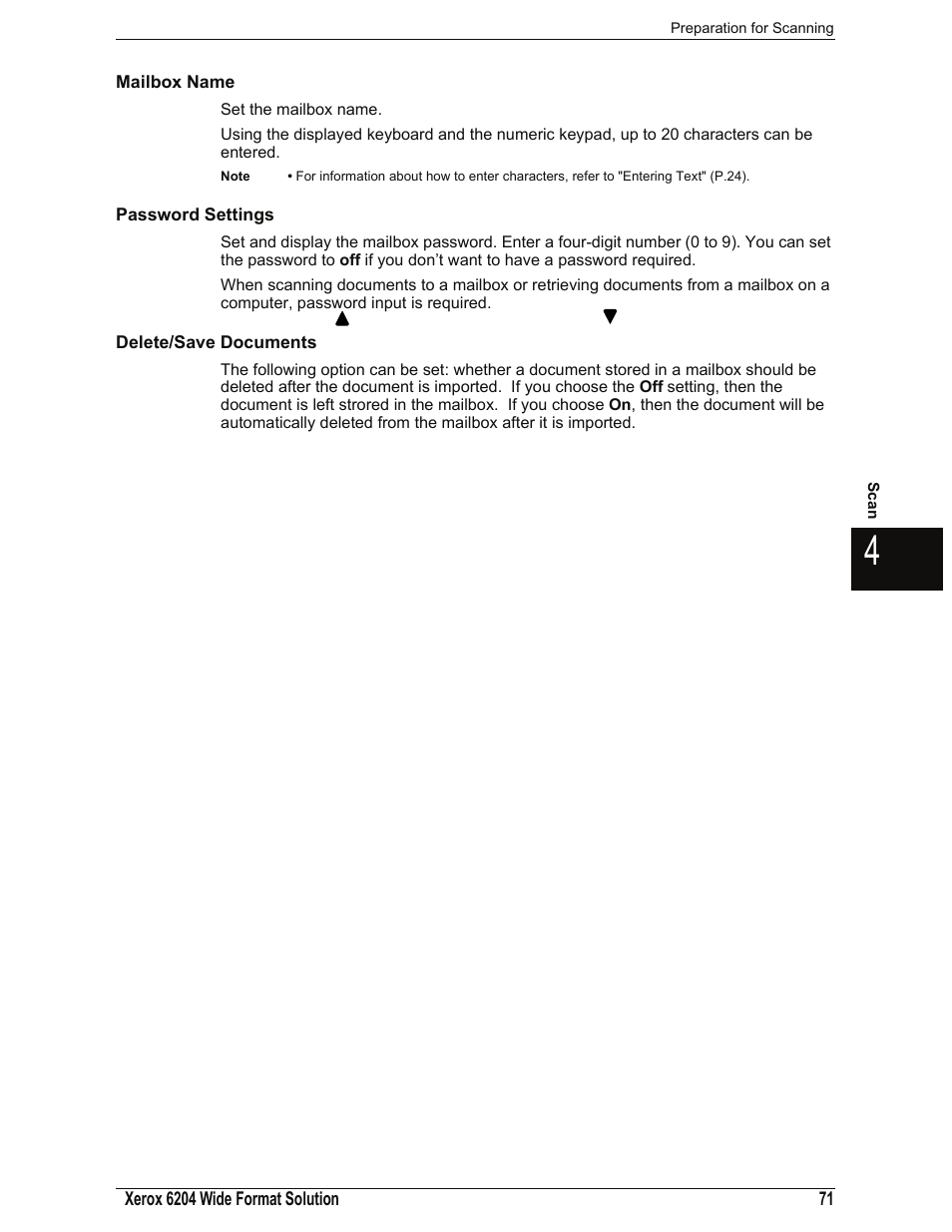 Mailbox name, Password settings, Delete/save documents | Xerox 701P44973 User Manual | Page 79 / 206