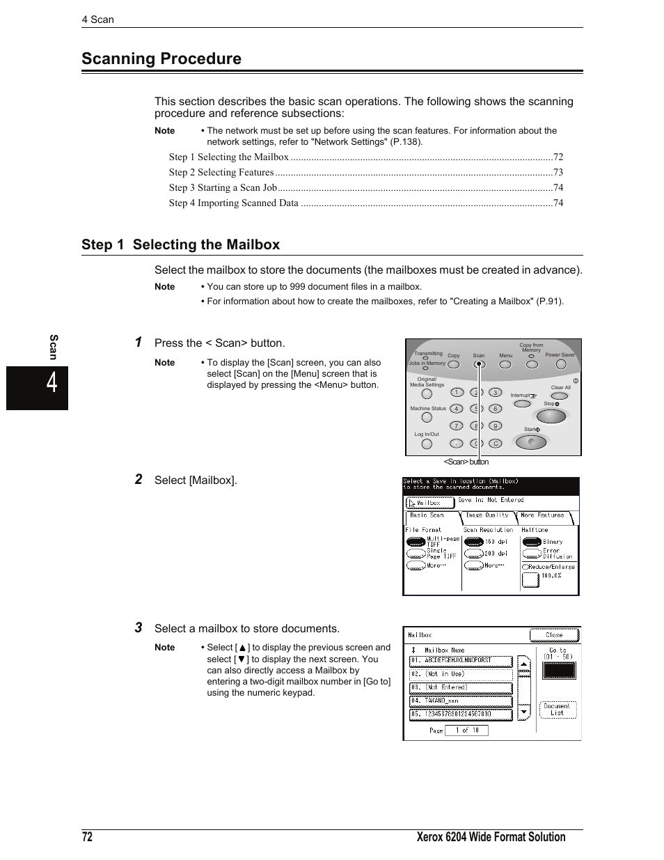 Scanning procedure, Step 1 selecting the mailbox, Press the < scan> button | Select [mailbox, Select a mailbox to store documents | Xerox 701P44973 User Manual | Page 80 / 206