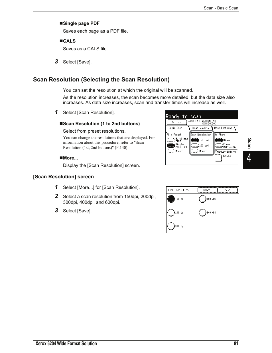 Cals, Scan resolution (selecting the scan resolution), Scan resolution (1 to 2nd buttons) | More, Scan resolution] screen | Xerox 701P44973 User Manual | Page 89 / 206