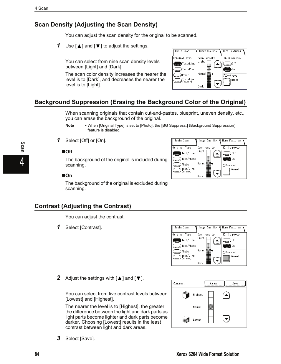 Scan density (adjusting the scan density), Contrast (adjusting the contrast) | Xerox 701P44973 User Manual | Page 92 / 206