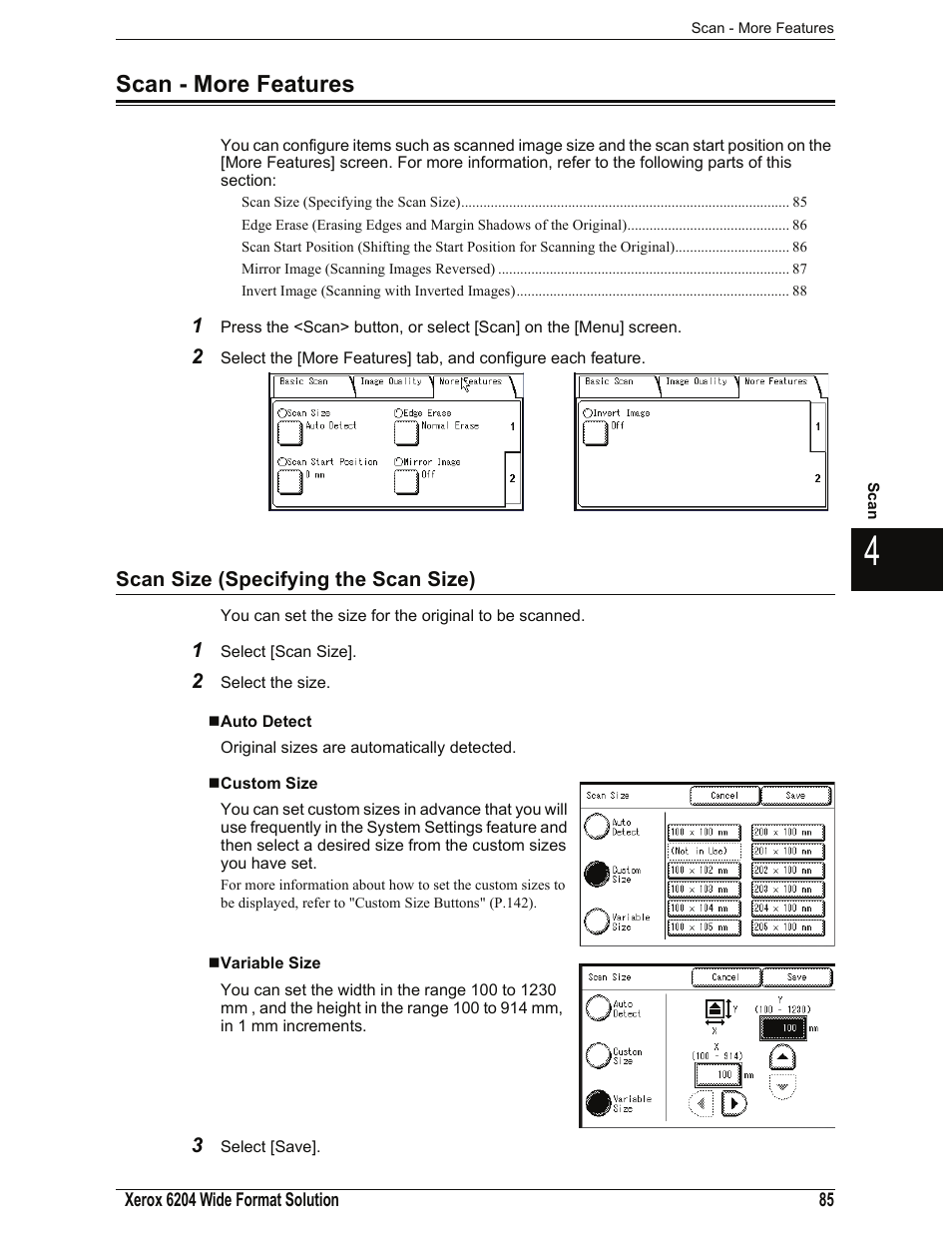 Scan - more features, Scan size (specifying the scan size), Auto detect | Custom size, Variable size, Scan - more features" (p.85) | Xerox 701P44973 User Manual | Page 93 / 206