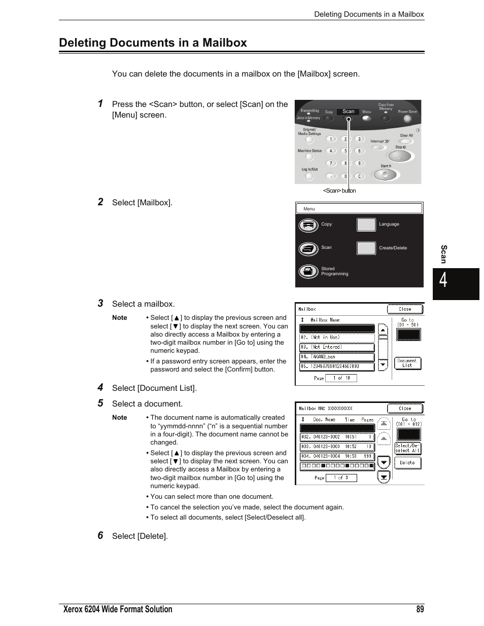 Deleting documents in a mailbox | Xerox 701P44973 User Manual | Page 97 / 206