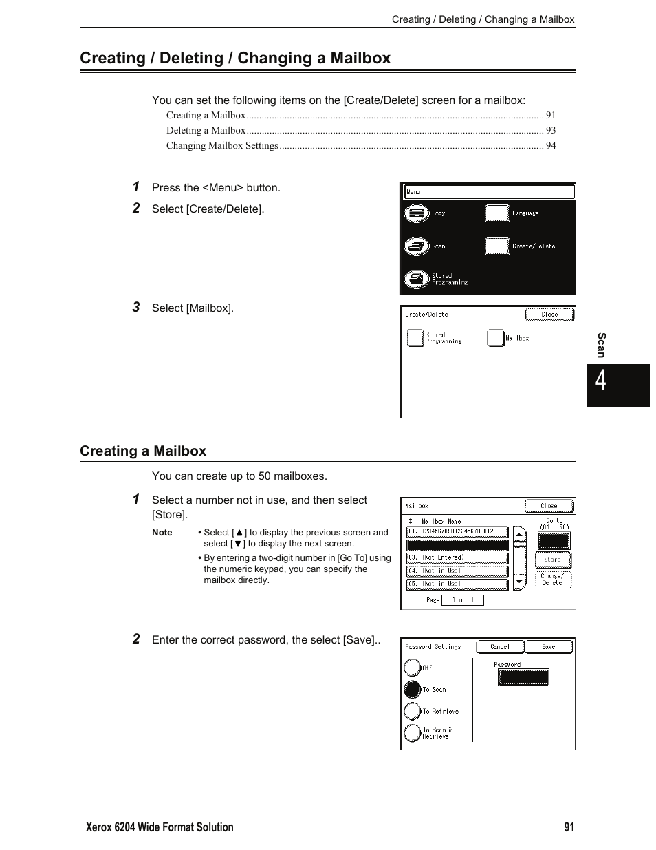 Creating / deleting / changing a mailbox, Creating a mailbox, Creating a mailbox" (p.91) | Xerox 701P44973 User Manual | Page 99 / 206