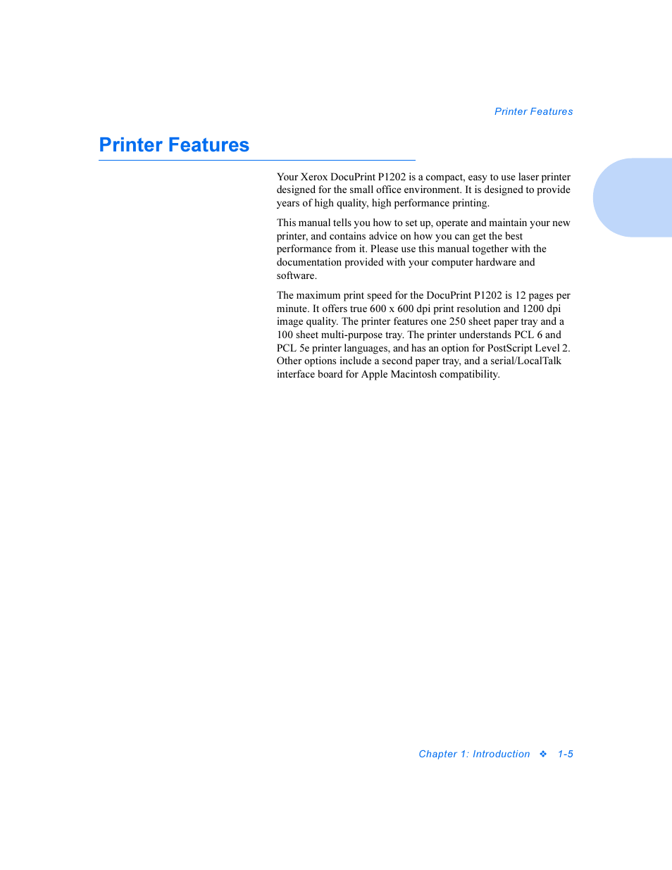 Printer features, Printer features -5 | Xerox DocuPrint Personal Laser Printer P1202 User Manual | Page 11 / 88