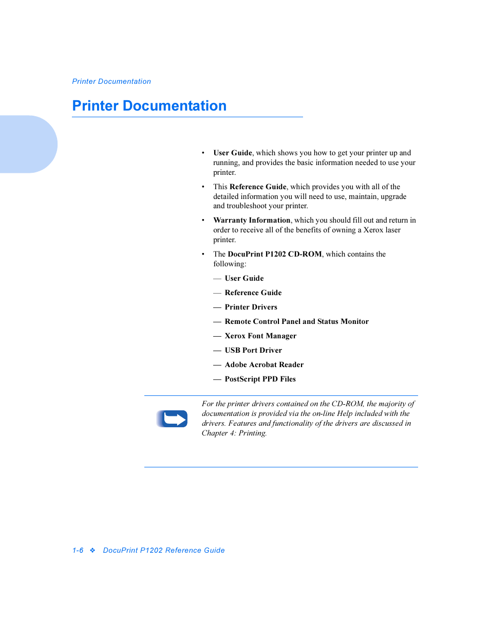 Printer documentation, Printer documentation -6 | Xerox DocuPrint Personal Laser Printer P1202 User Manual | Page 12 / 88