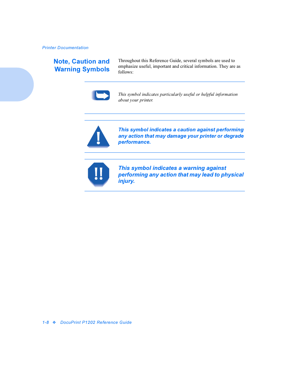 Note, caution and warning symbols, Note, caution and warning symbols -8 | Xerox DocuPrint Personal Laser Printer P1202 User Manual | Page 14 / 88